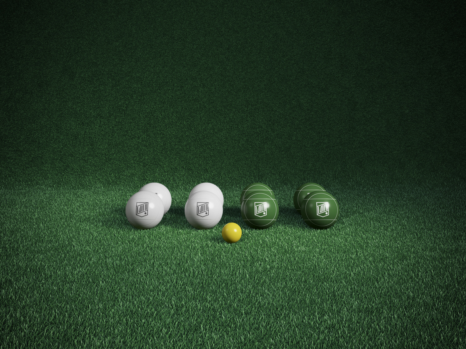 A set of gaming of equipment for the game bocce, with white and green balls, set against a green turf background.