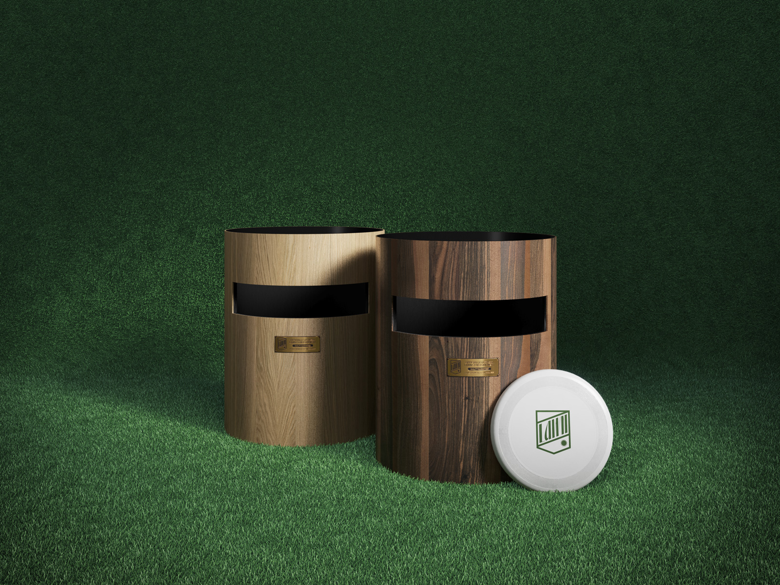 A set of gaming of equipment for the game kan jam, made of rich dark and light wood, set against a green turf background.