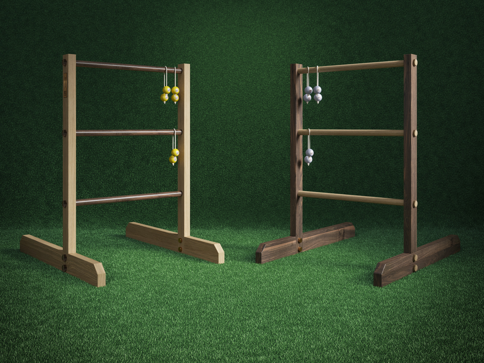 A set of gaming of equipment for the game ladders, made of rich dark and light wood, set against a green turf background.