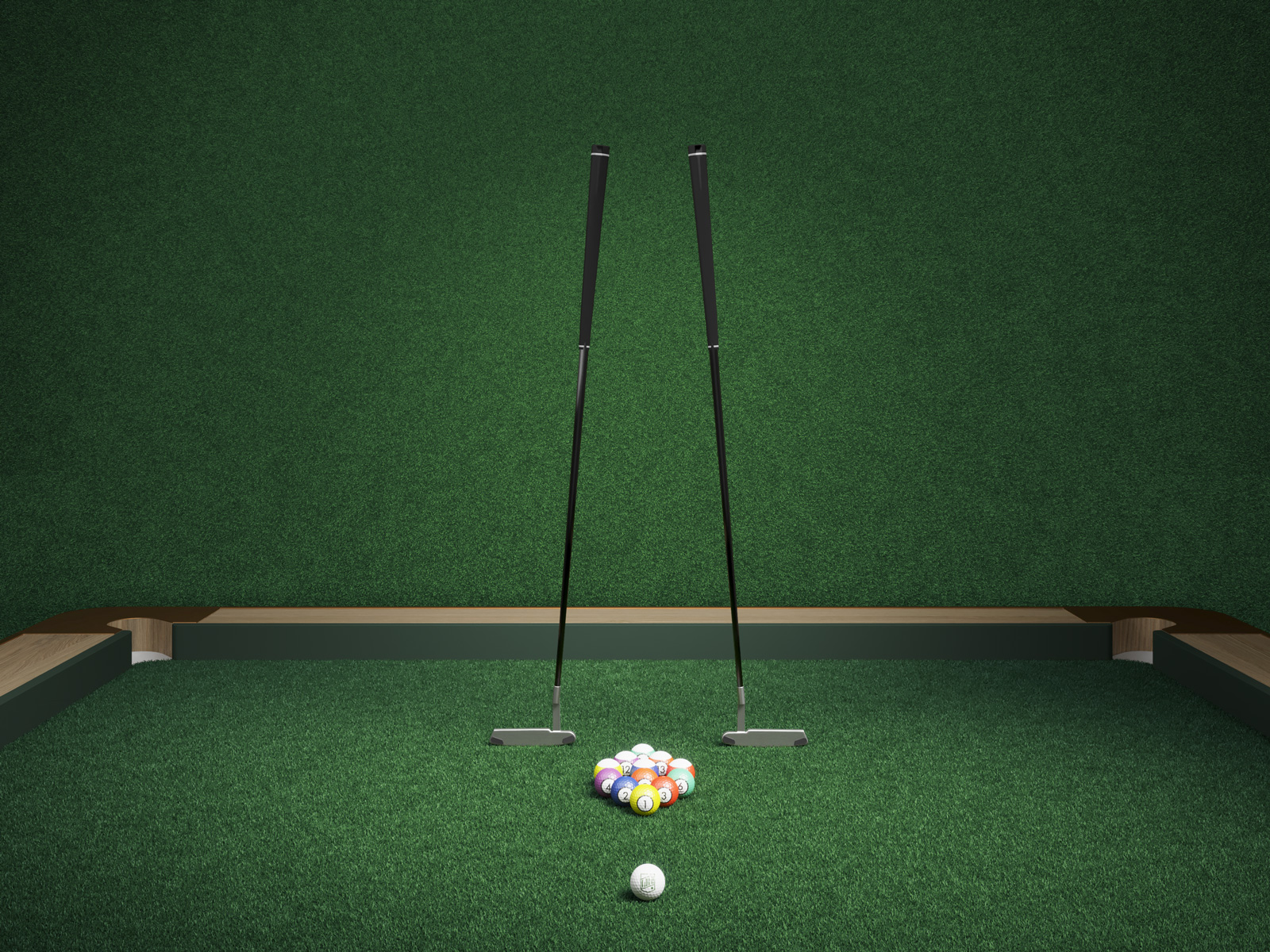An oversized billiards table with turf surface, atop it are 12 golf balls of different colors and two black golf putters.