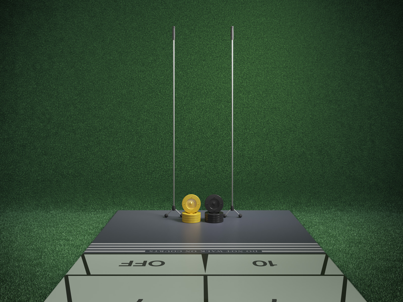 A set of gaming of equipment for the game shuffleboard. The biscuits are yellow and black in the center of the end of a shuffleboard court; the tangs are standing upright behind them.